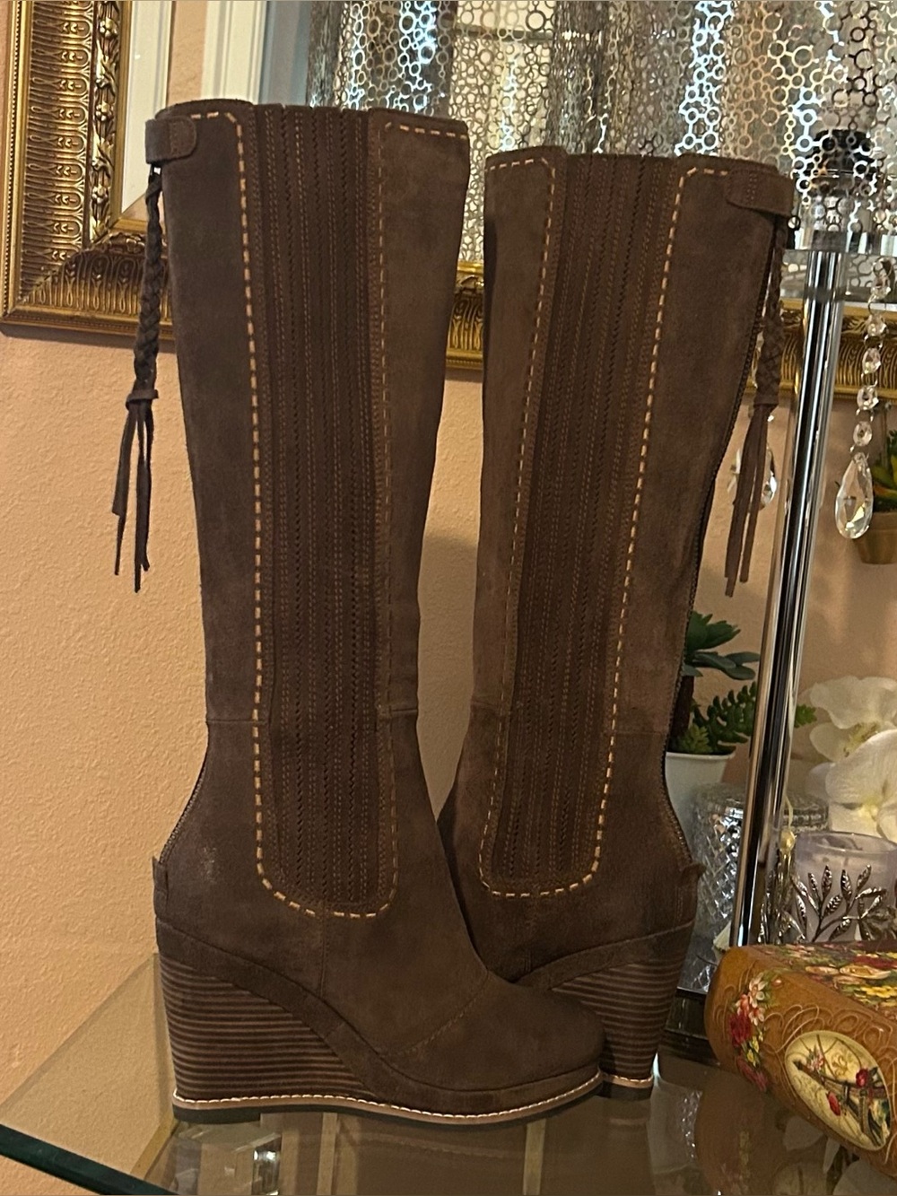 Ariat Brown Suede Leather Wedge Knee-High Boots with Braided Tassel Zipper Sz 7 - Picture 4 of 16